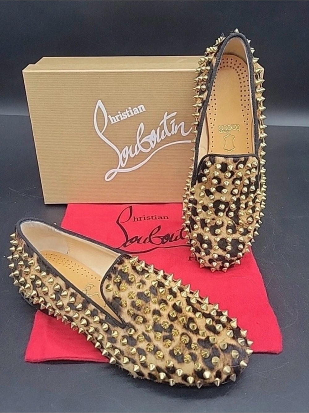 Christian Louboutin Leopard Print Studded Loafers in Gold & Brown
